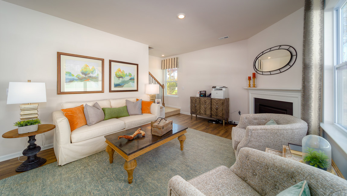 living room with wood floors, electric fireplace and large window