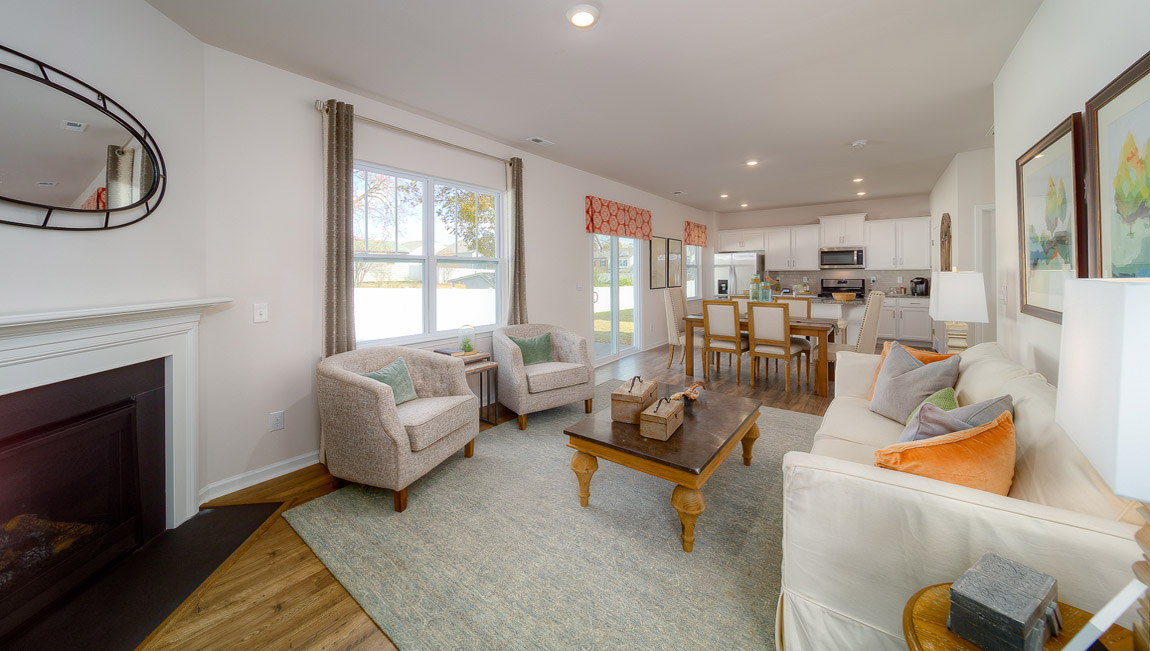 living room with wood floors, electric fireplace and large window