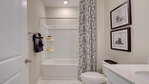 Bathroom with white cabinets and counters, and bathtub shower combination