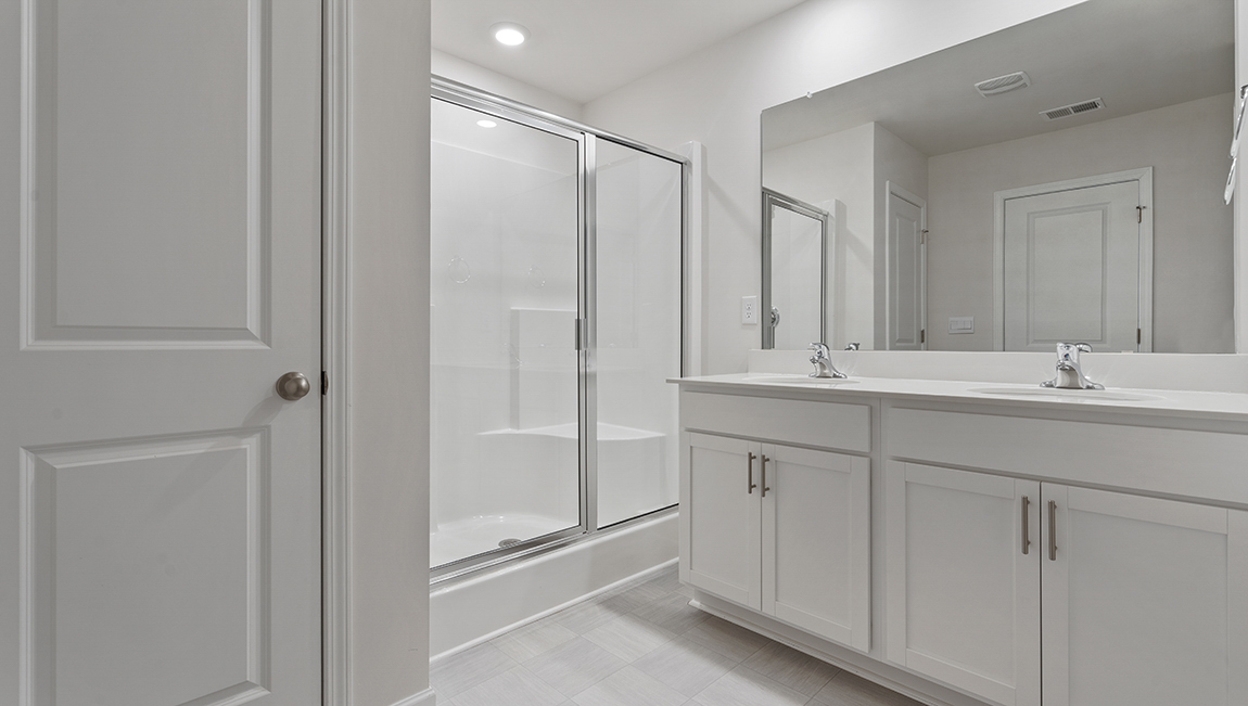 Primary bathroom with white cabinets, counters, and glass door shower