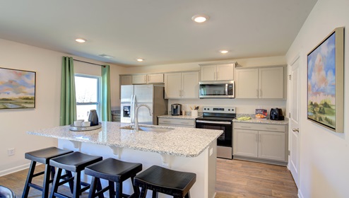 Kitchen and island with gray cabinets and stainless steel appliances