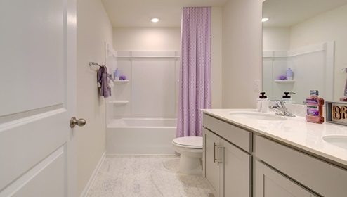 bathroom with double sink vanity and bathtub shower combination