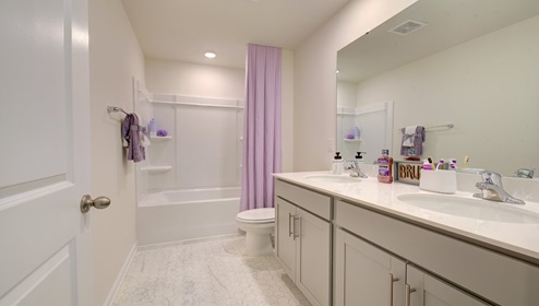bathroom with double sink vanity and bathtub shower combination