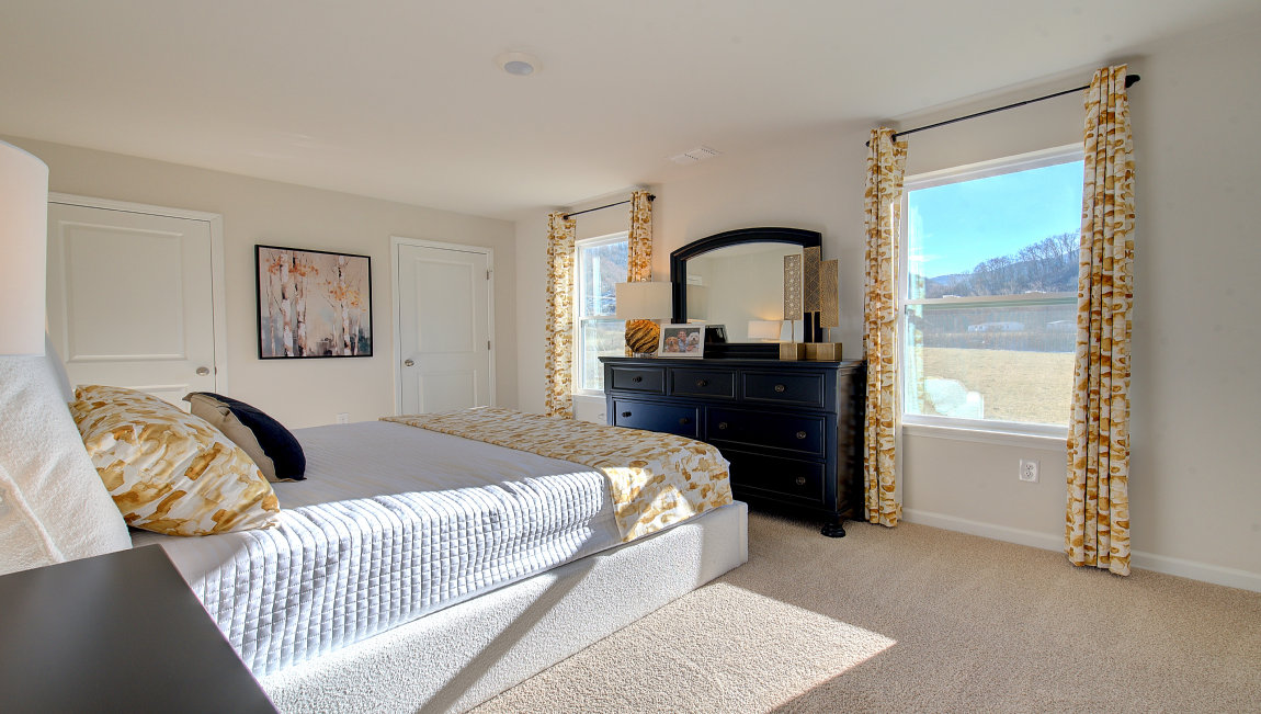Carpeted bedroom with two large windows