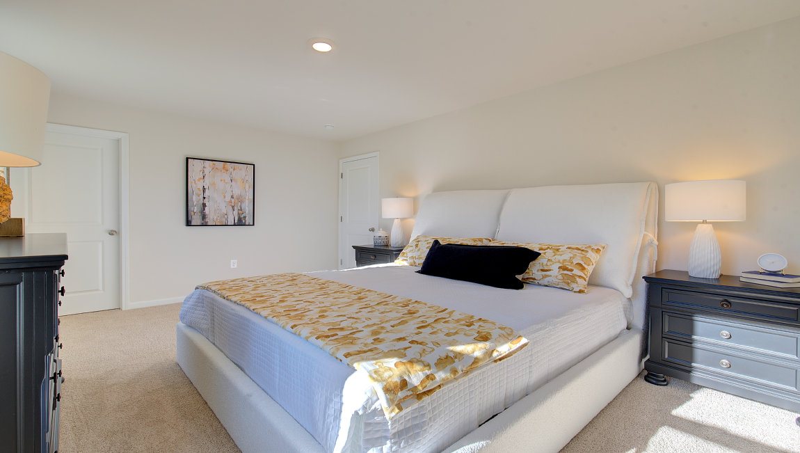 Carpeted bedroom with two large windows