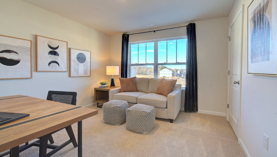 Carpeted bedroom with two large windows