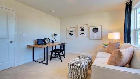 Carpeted bedroom with large window