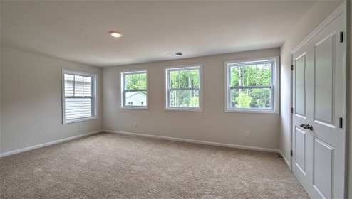 Carpeted flex space with three large windows and a closet