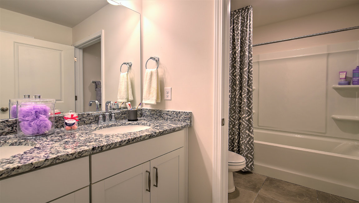 Bathroom with bathtub and double vanity