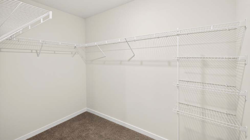 Primary walk in closet with shelving
