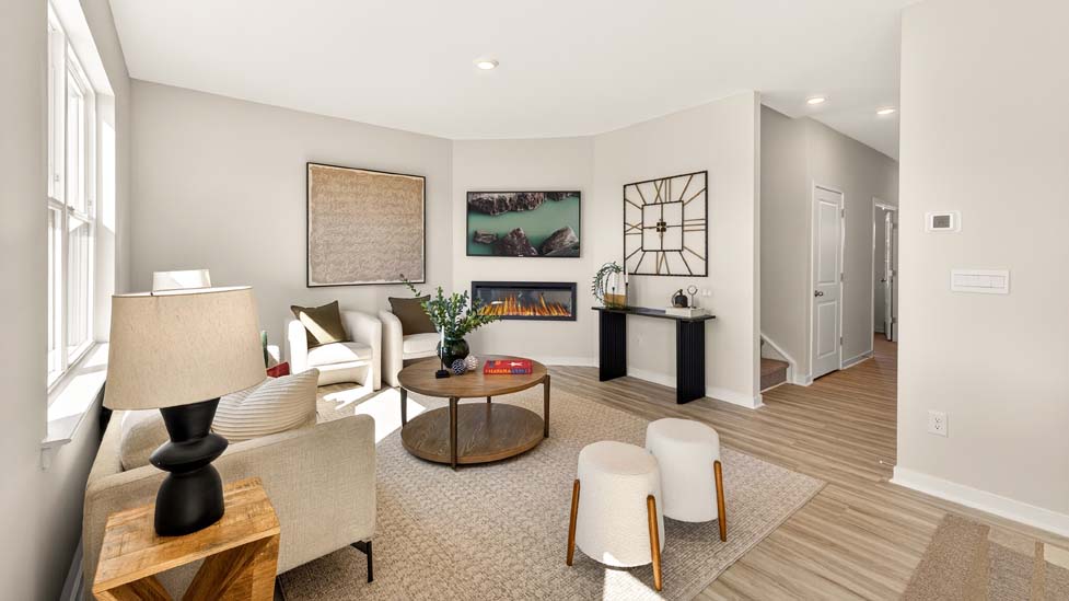 Open concept living room with electric fireplace