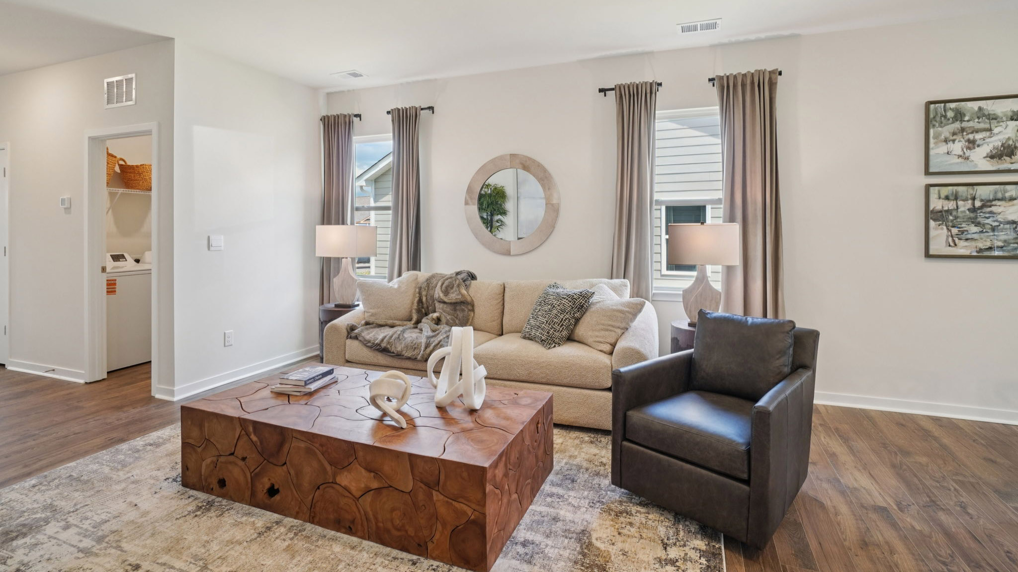Open concept living area with electric fireplace