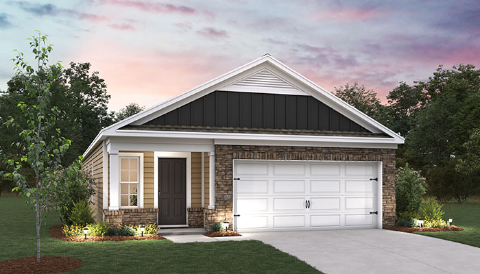 Exterior home with cladding and stone detailing