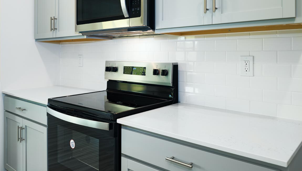 Close up kitchen with stainless steel appliances