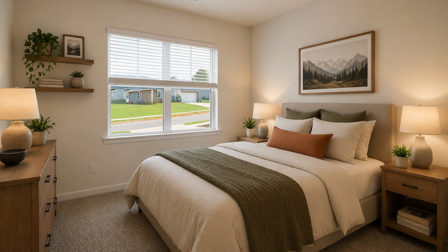 Virtually staged primary bedroom with large windows