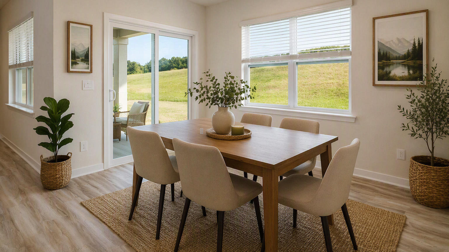 Virtually staged open dining are with large windows and sliding glass doors