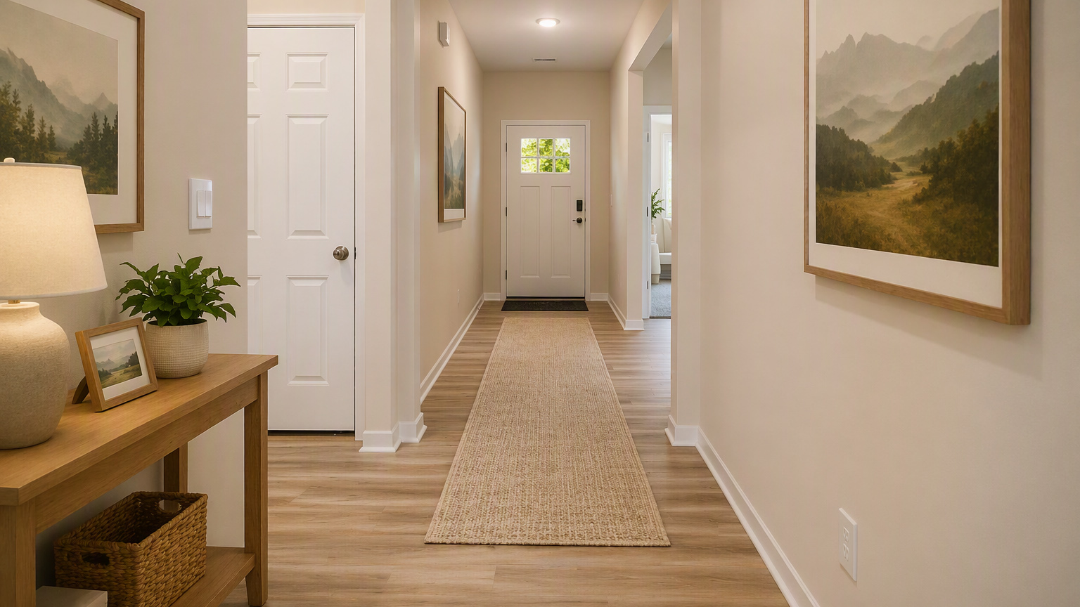 Virtually staged front foyer and hall