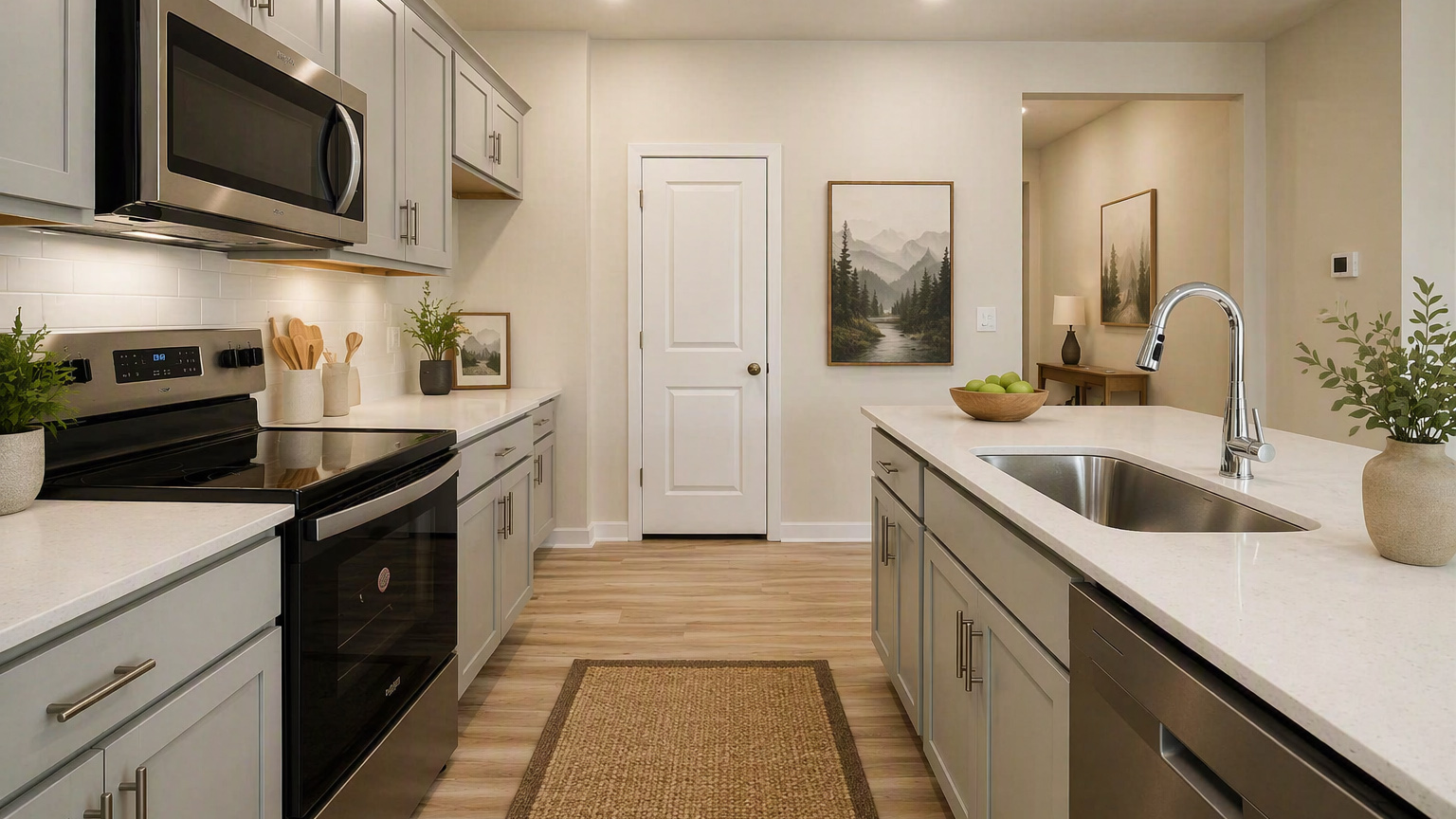 Virtually staged long view of kitchen with large island