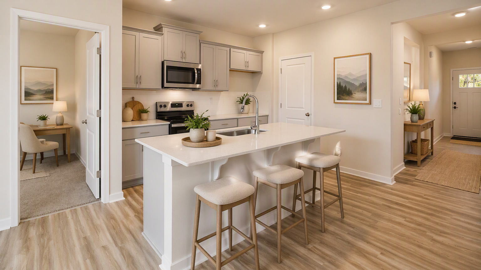 Virtually staged kitchen with large island and stainless steel appliances