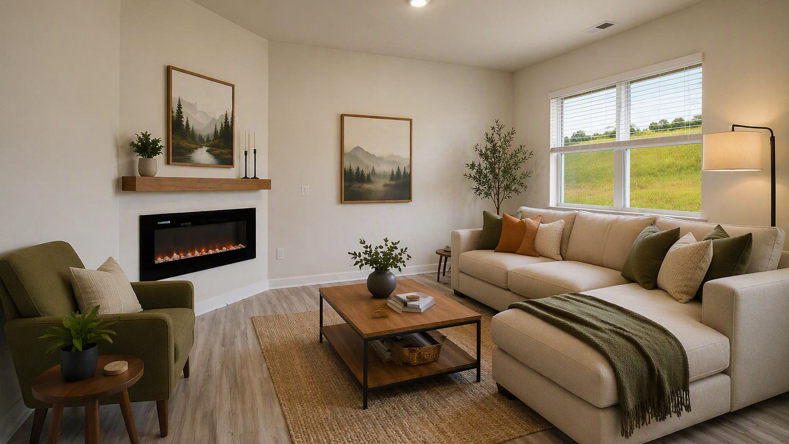 Virtually staged living area with electric fireplace and large windows