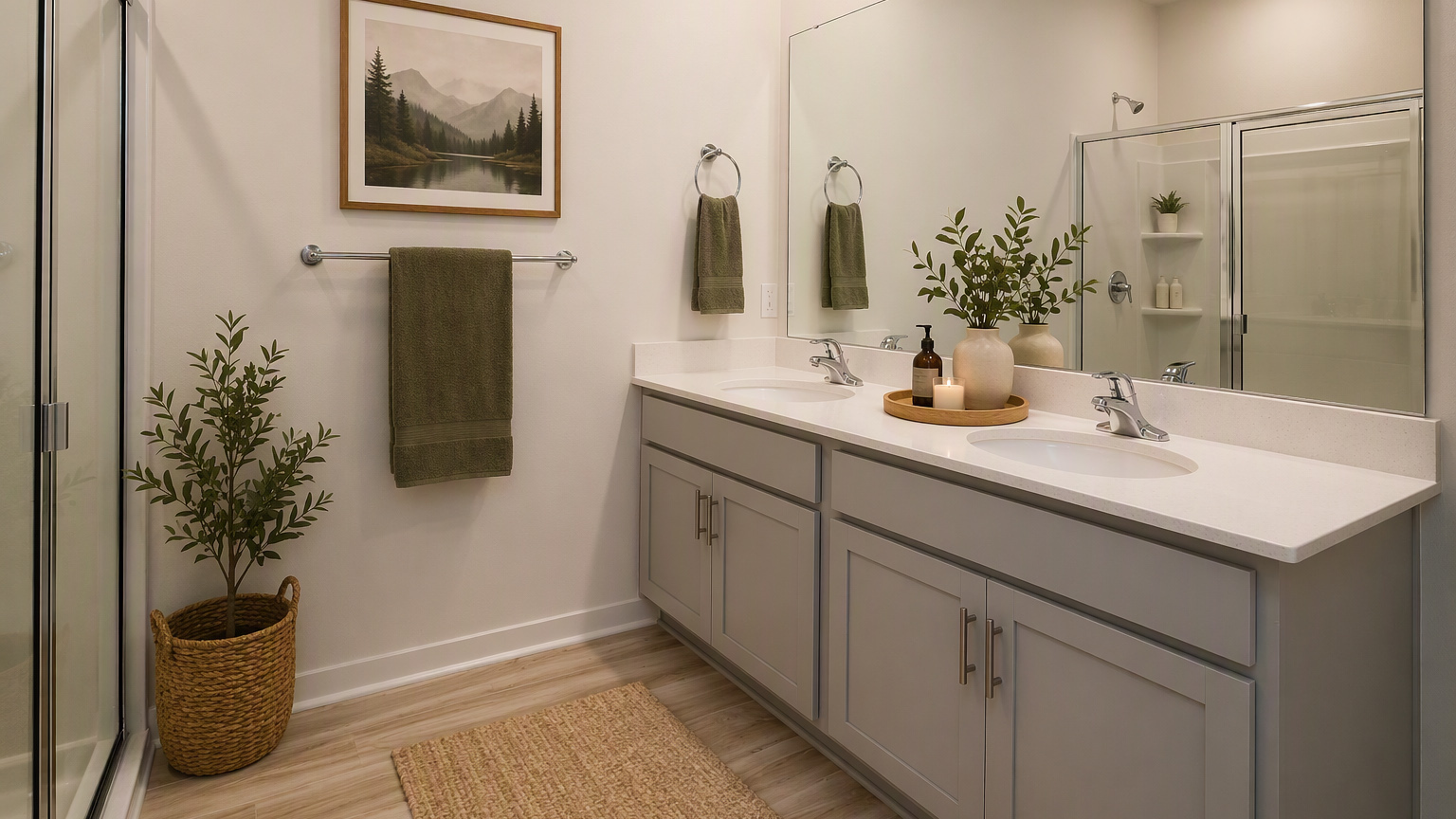 Virtually staged primary bathroom with dual vanity and walk in shower