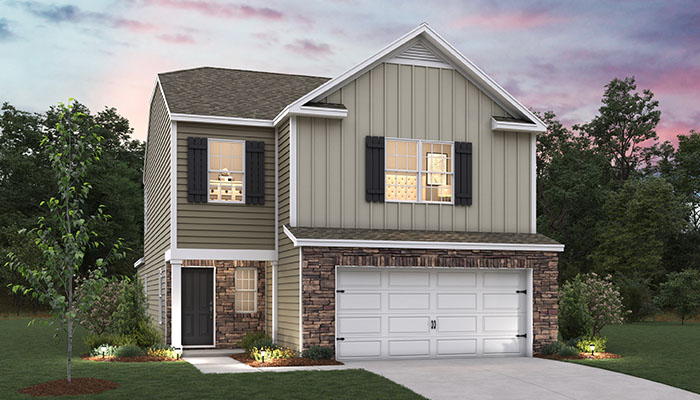 Exterior two-story home with cladding and stone detailing