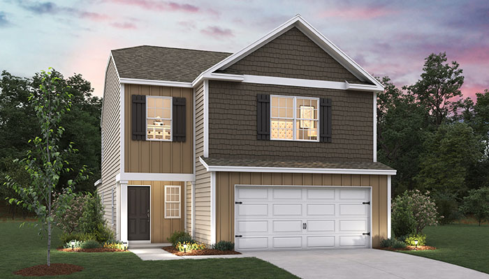 Exterior two-story home with cladding and stone detailing