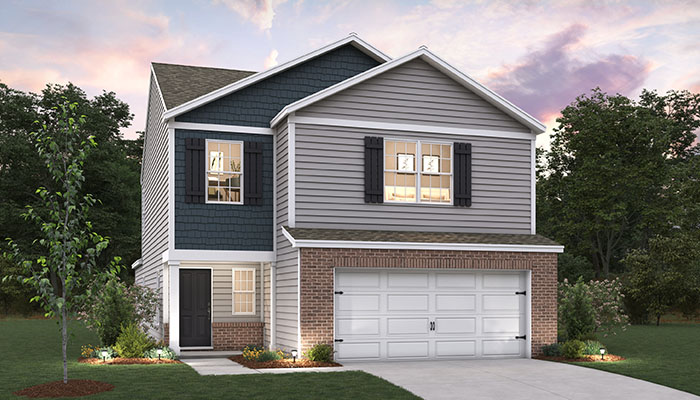 Exterior two-story home with cladding and stone detailing