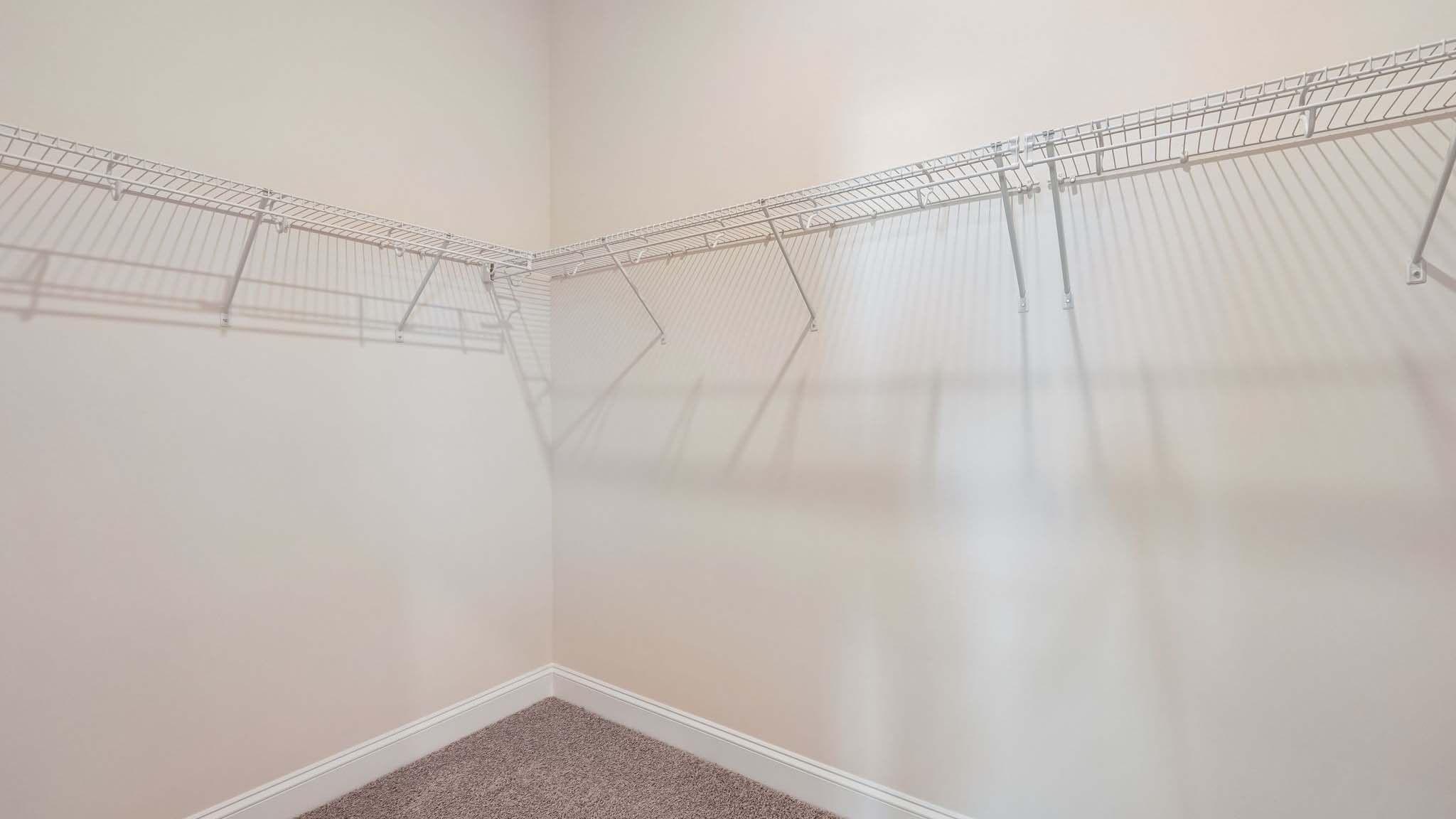 Primary bedroom walk in closet with wood floors and racks for hanging