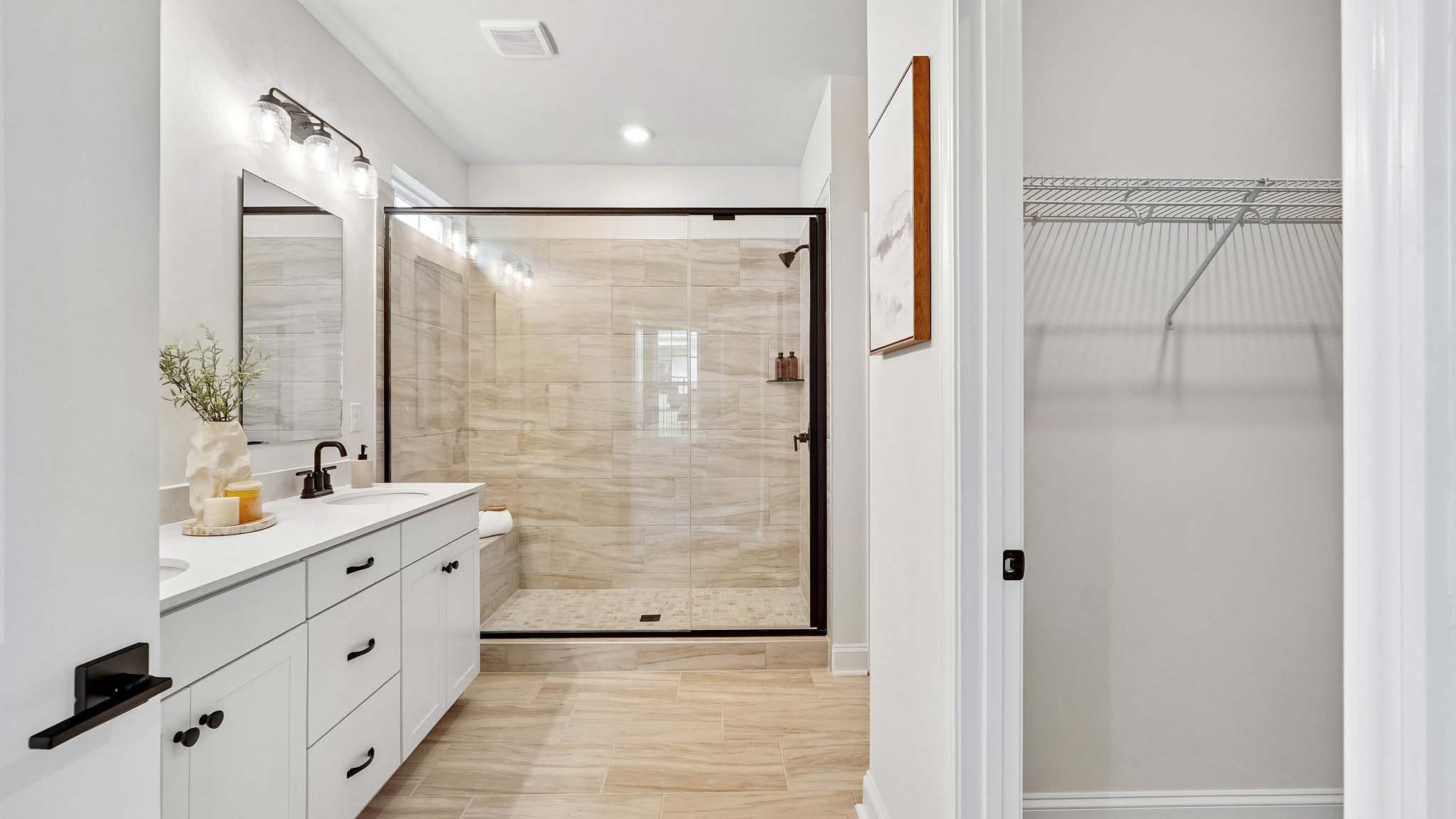 primary bathroom with large stanidning shower