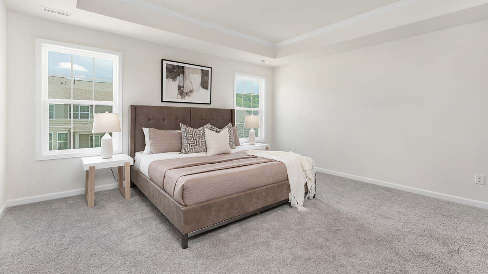 carpeted bedroom with large windows