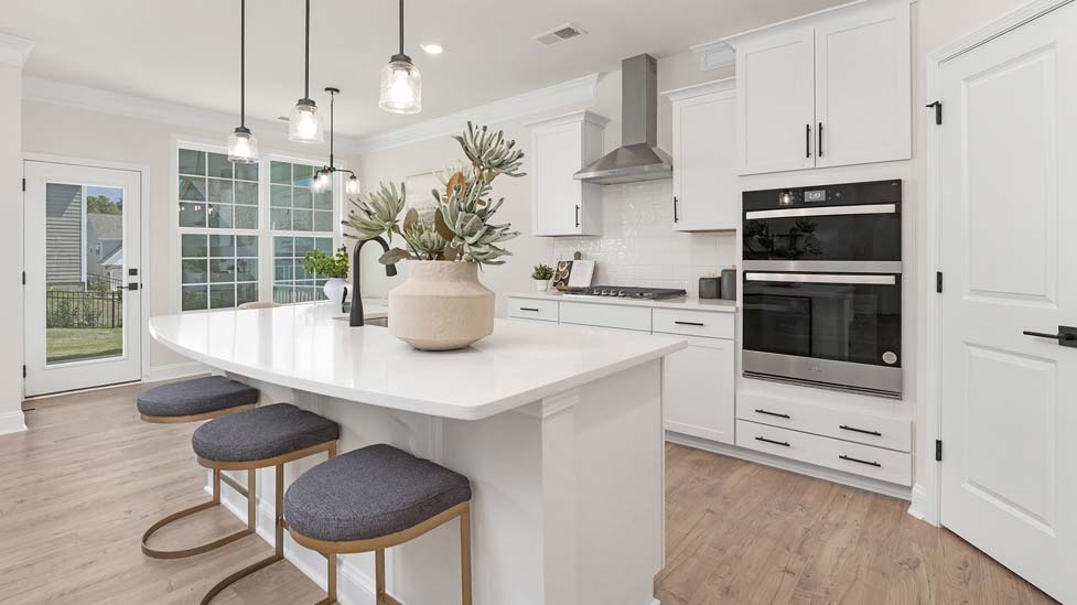 Kitchen and island with white cabinets