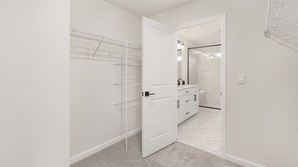 Primary bedroom walk in closet, carpeted