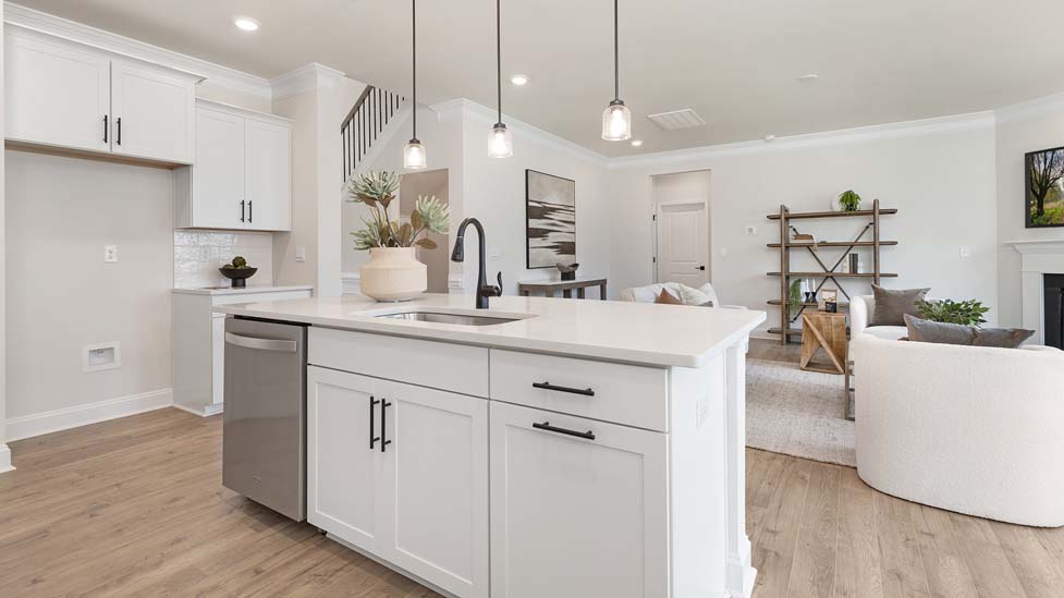 Kitchen and island with white cabinets
