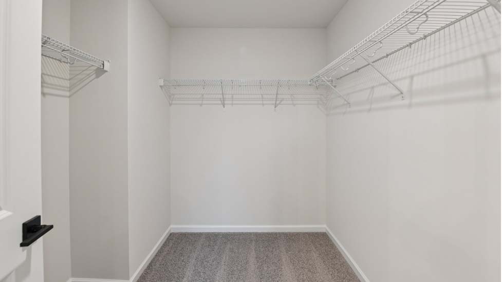 Primary bedroom walk in closet, carpeted