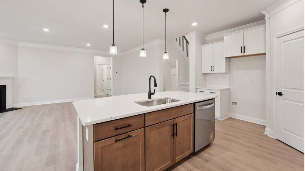 Kitchen and island with white cabinets