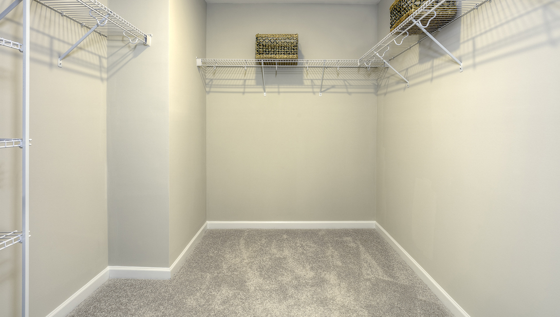 Primary bedroom walk in closet, carpeted