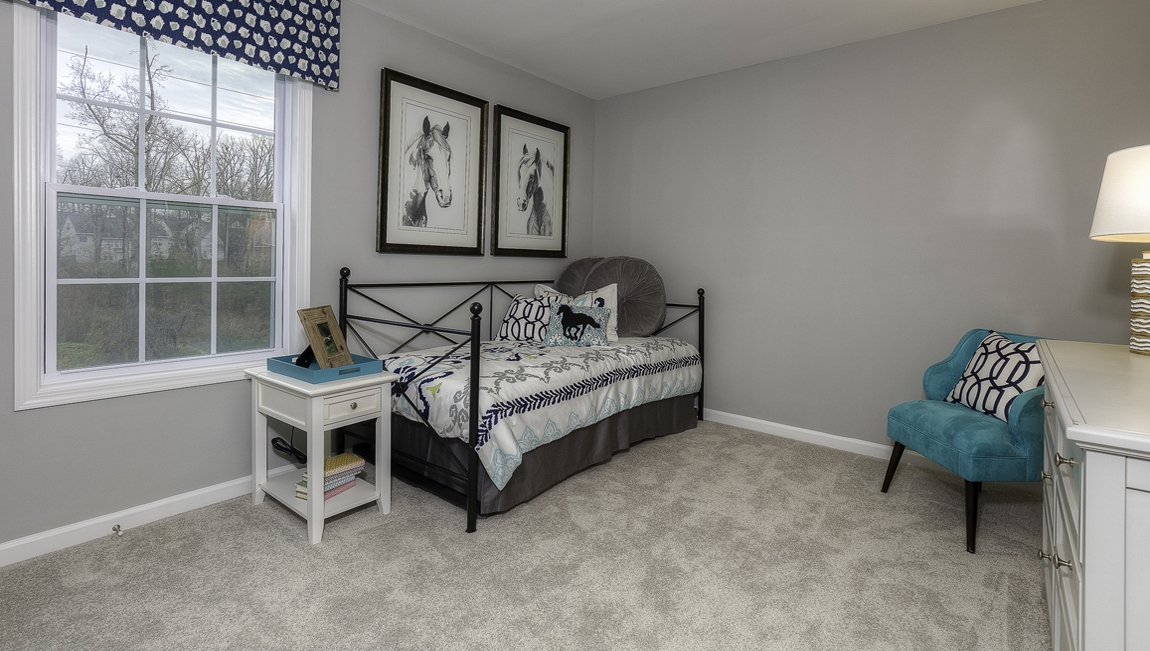 Carpeted bedroom with large window