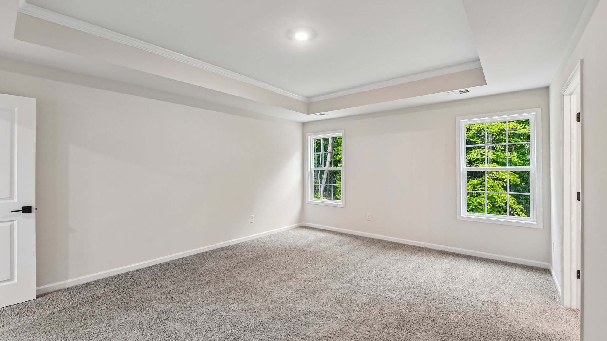 Primary carpeted bedroom with windows