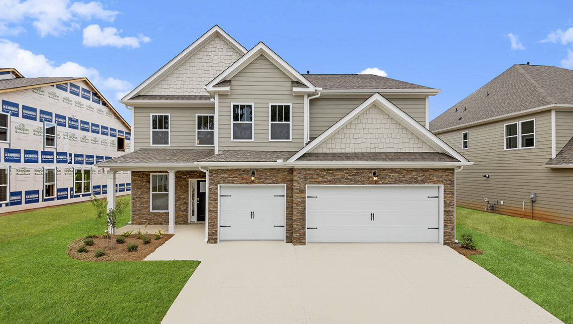Woodrow 2 story front exterior rendering with siding, brick, and 3 car garage