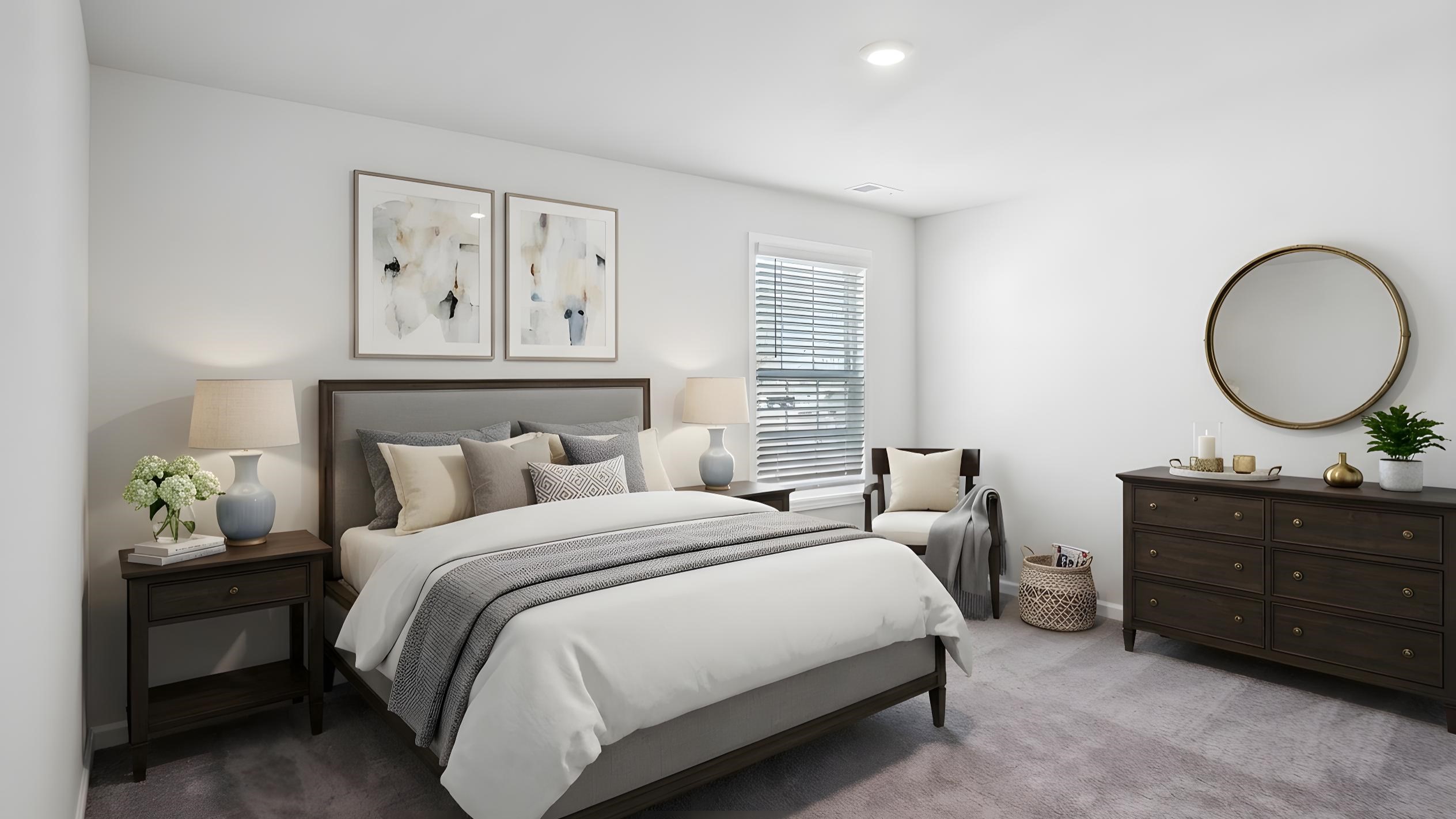 Carpeted bedroom with ceiling fan and small window