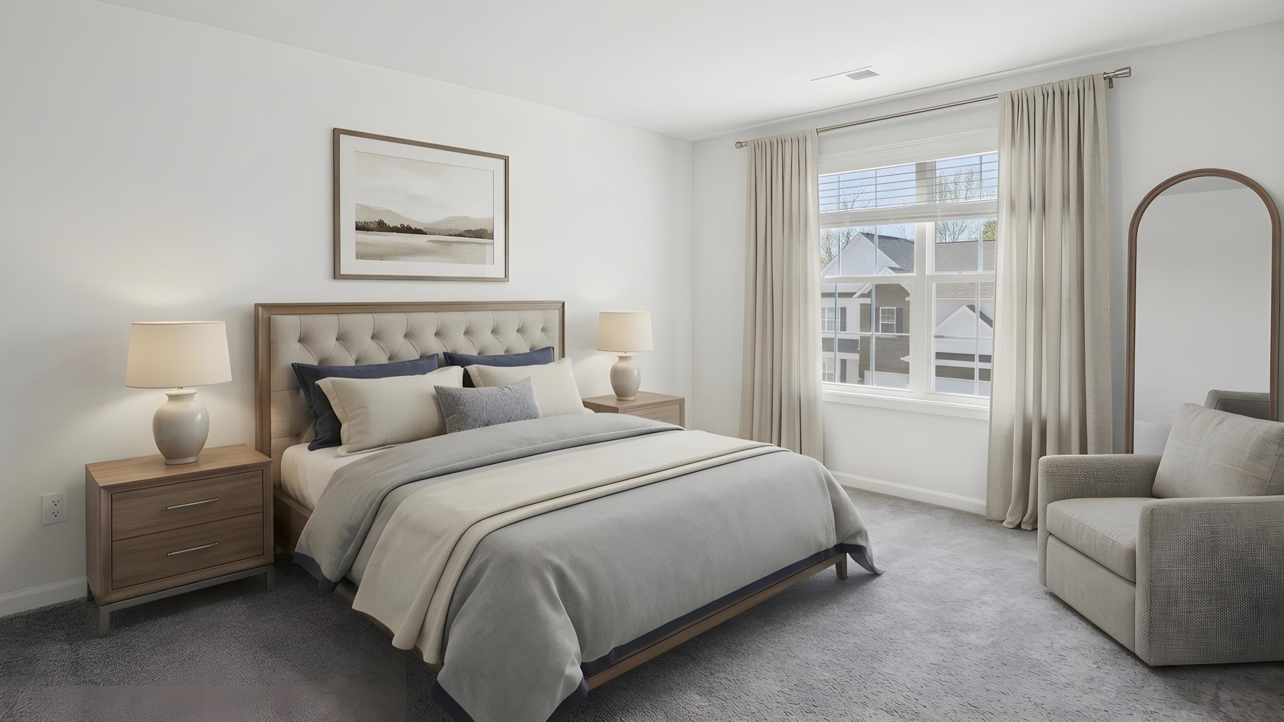 Carpeted bedroom with ceiling fan and small window
