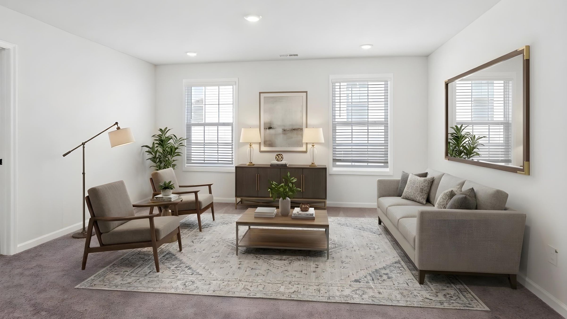 Carpeted bedroom with ceiling fan and small window
