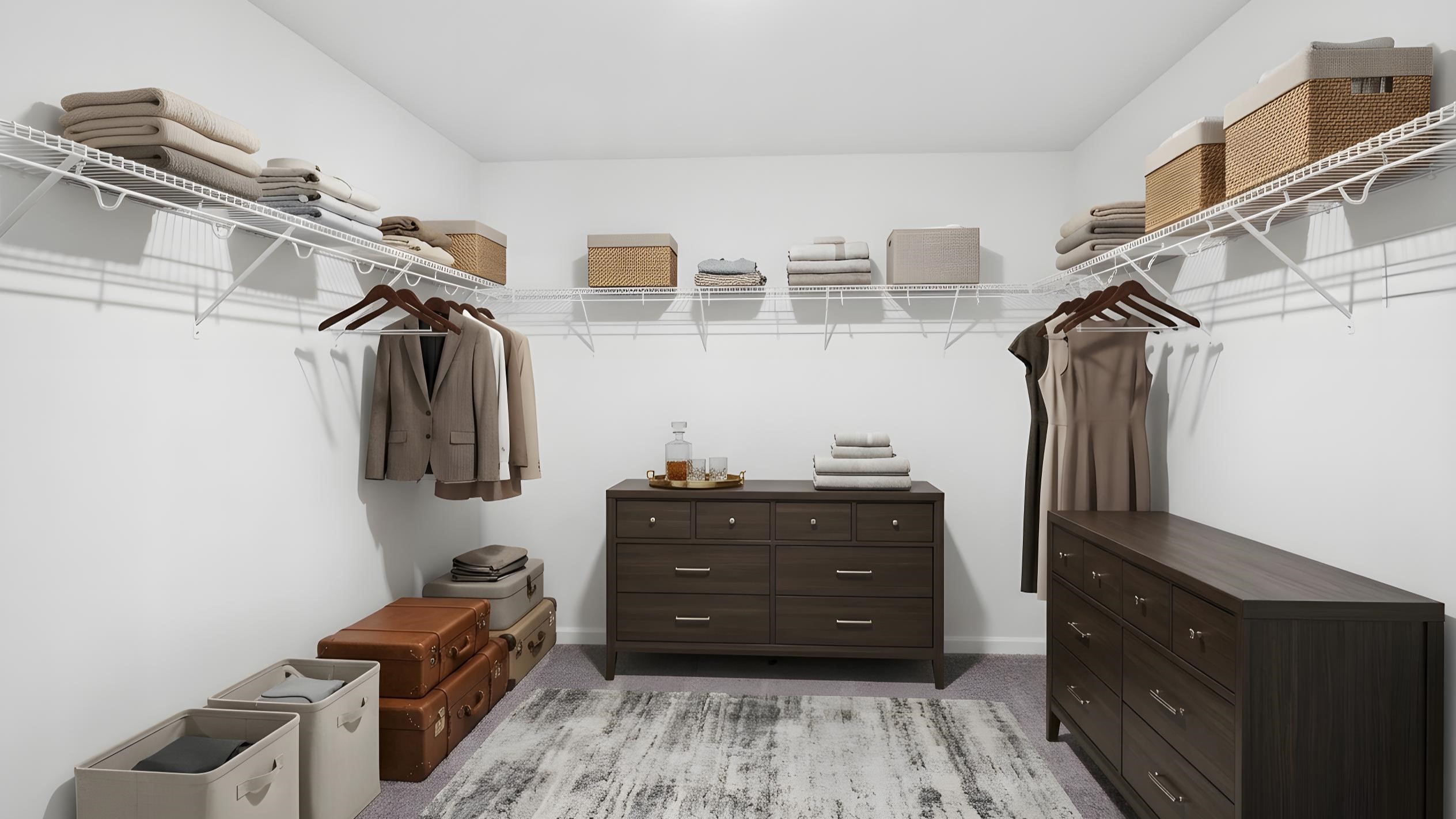 Primary bedroom walk in closet with carpet