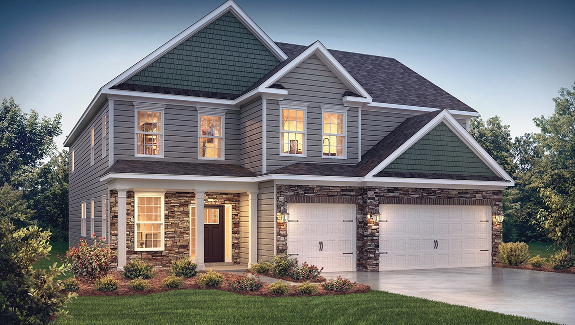 Woodrow 2 story front exterior rendering with siding, brick, and 3 car garage