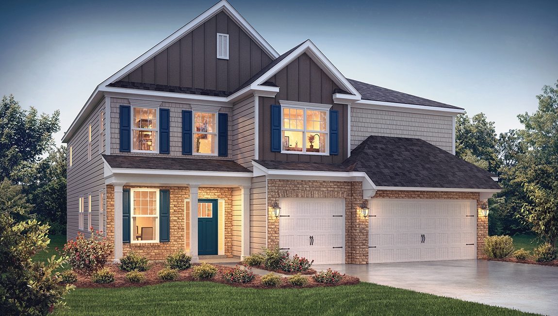 Woodrow 2 story front exterior rendering with siding, brick, and 3 car garage
