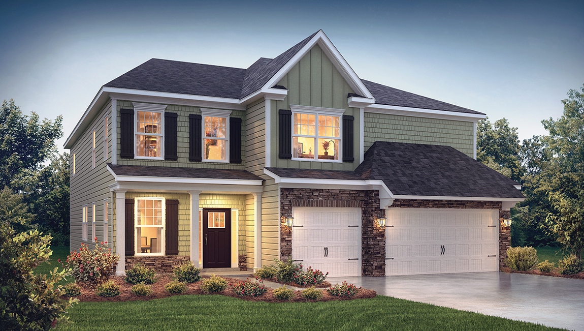 Woodrow 2 story front exterior rendering with siding, brick, and 3 car garage