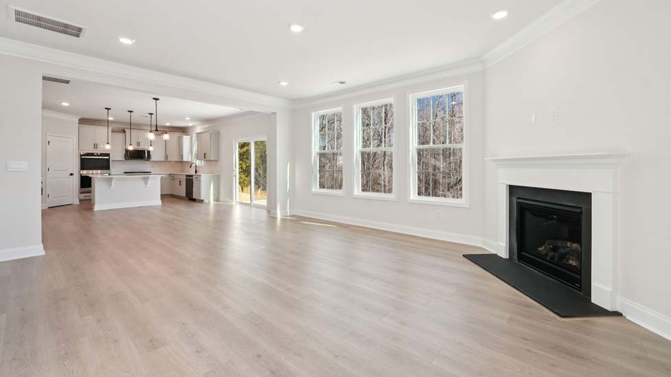 Open concept living room with fireplace