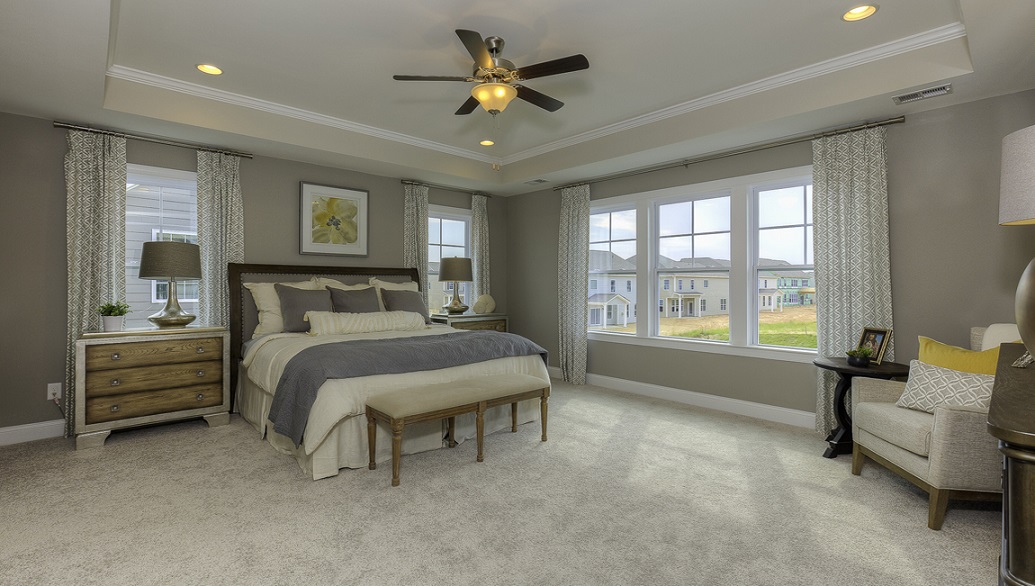 Primary bedroom with carpet and many windows