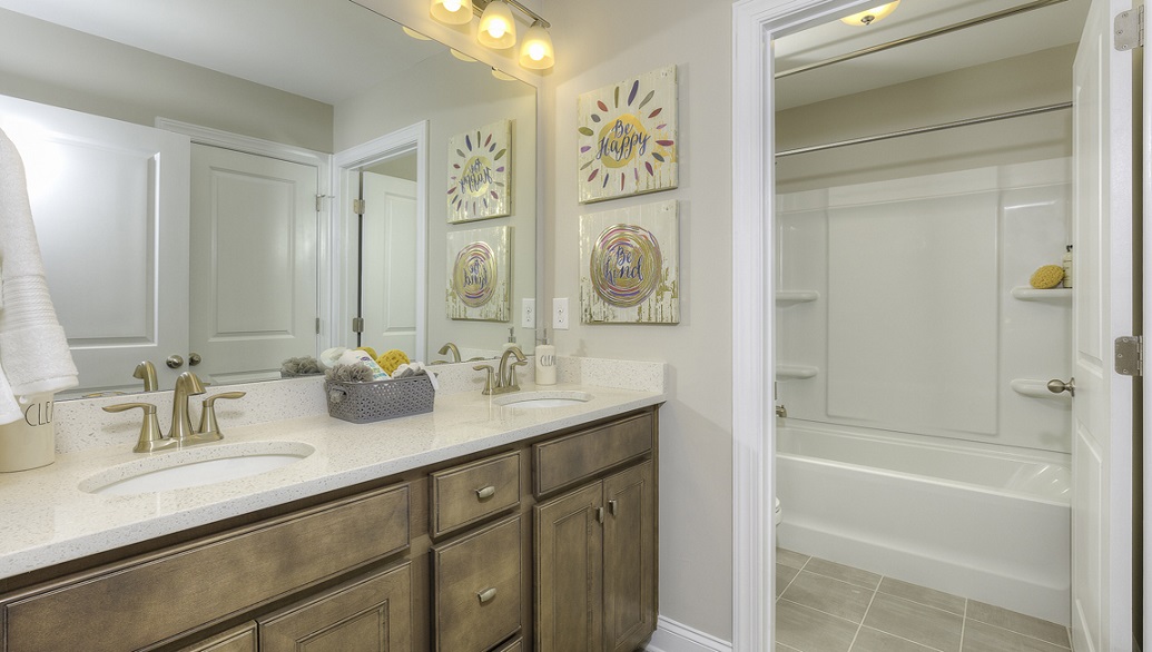 Bathroom with brown cabinets, white counters, and separate door to bathtub